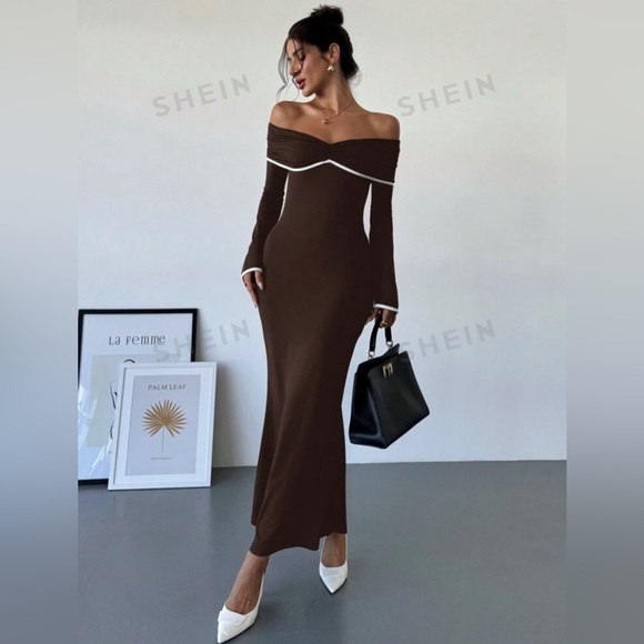 Firerie Women's Color Block Off Shoulder Fitted Mermaid Maxi Elegant Dress - Picture 2 of 6